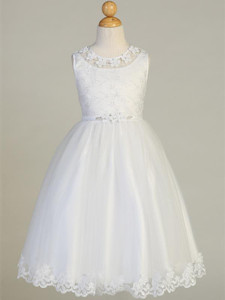 Product Description: 
This First Communion dress features detailed embroidery along the bodice with flower appliques along the neckline flowing into a tulle skirt with a lace hem. Shop this style online at St. Jude’s Shop! 

Embroidered Tulle Bodice 
Flower Applique Neckline
Rhinestone and Flower Decor at Waistline
Tulle Skirt With Embroidered Edges 
String Bow
First Communion is a momentous occasion. Your daughter or granddaughter will feel extra special in this beautifully intricate embroidered design, with floral lace appliques and Rhinestone waistline. This style ties back to create a small bow on the backside to not take away from the tulle skirt's lace hem. 
Tea Length 
Accessories Sold Separately
Made in the U.S.A. 
3 Dress Limit Per Order
