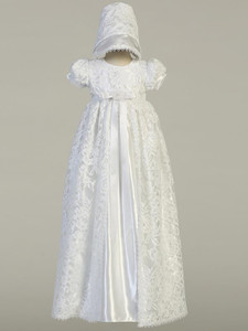 Suzana, Lace long gown with shiny satin christening dress. Made In USA