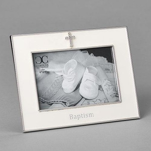 Baptismal Frame with Cross. Baptismal Frame is made of a zinc alloy and is lead free. The Baptism Frame with Cross is 6"H. There is a cross at the top and the word Baptism across the bottom. The baptism frame holds a 4"x 6" photo