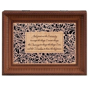 Serenity Prayer Wood Cut Laser Music Box. Music Box plays Hungarian Dances.  Measurement: 8"L X 6.125"W X 2.75"H. Made of Plastic and Metal. 