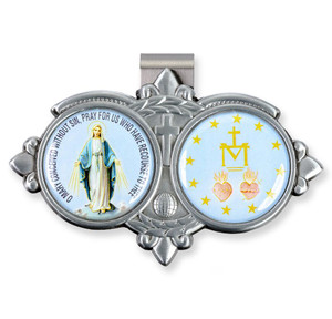 Auto VIsor Clip. Pewter Auto Visor Clip depicts the images of the Blessed Mother and the Miraculous Medal Auto visor measures: 3" x  1 3/4"H.