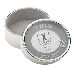 25 Years Togther 2.5" Round Photo Box.  The" 25 Years Together" Round Photo Box is 2.5"R by 2"H. The Photo Box is made of a zinc alloy and is lead free. A perfect gift for the anniversary couple!!