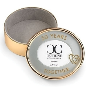 Gold - 50 Years Togther 2.5" Round Photo Box.  The 50 Years Togther Round Photo Box is 2.5"R by 2"H. The Photo Box is made of a zinc alloy and is lead free. A perfect gift for the anniversary couple!!