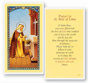 St rose of Llima is the patron saint of Peru and of all South America. Clear, laminated Italian holy cards. Features World Famous Fratelli-Bonella Artwork. 2.5'' x 4.5''