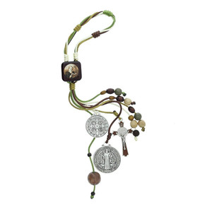 ST BENEDICT HOME BLESSING BEADS- the St Benedict House Blessing Bead has a sepia-tone image of St. Benedict at crux of the loop. The St Benedict House Blessing is made of sage, brown and white cords with plain and carved wood bead details. Two St. Benedict medals and one St. Benedict crucifix.  Perfect for hanging in a car, on a doorknob or any other convenient hook where you want to be reminded of spiritual protection and the intercession of this powerful man!
Size: 12 inches long
Materials: Nylon, Metal, Wood
Small Medal Size: 1 1/4 inches wide x 1 3/8 inches tall
Large Medal Size: 1 1/2 inch wide x 1 3/4 inch tall
Crucifix Size: 1 inch wide x 2 inches tall
NOTE:    IMAGES MAY VARY  SLIGHTLY!!!!!!