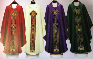 This embroidered Chasuble is made of a beautiful damask fabric that is decorated with satin and velvet applications.  Colors available: Purple, Green, Off White, Red