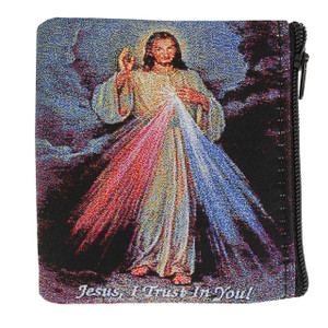 Hand woven Divine Mercy rosary case. the Divine Mercy image is depicted on bot sides of pouch.  This cloth rosary pouch has a zipper closure. Measures 3.5" x 3".