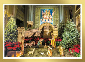 Front of Card. 
The NATIVITY Scene that is admired at the Cathedral Basilica of Sts Peter and Paul and the Shrine of St. Katharine Drexel during the Christmas season is now pictured and produced in a Christmas Card. Inside sentiment is "MAY YOU REJOICE IN THE SAVIOR'S LOVE AT CHRISTMAS AND THROUGHOUT THE NEW YEAR." There are 25 cards with envelopes. Order while supplies last. 