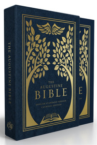 The Augustine Bible features a beautiful foil-stamped slipcase and a durable matte cover to ensure that you can use and treasure this Bible for years to come. Printed in Italy, The Augustine Bible features the English Standard Version® Catholic Edition translation, which some consider to be the best available English translation of the Bible.
Special Features:
◊ Smyth sewn with foil stamping under anti-scuff matte lamination.
◊ Encased in a rigid Wibalin® slipcase with foil stamping.
◊ 1,232 pages, plus 8 - page, full-color map
◊ Font is called Lexicon – Regular. The size is 8.68/10.42.