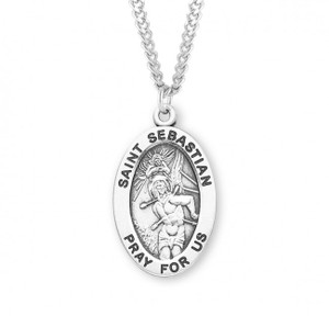 Saint Sebastian oval medal-pendant. Saint Sebastian is the Patron Saint of athletes, archers, armorers, and soldiers.  St. Sebastian medal comes on a  24" Genuine rhodium plated endless curb chain. Dimensions: 1.1" x 0.7" (27mm x 17mm)  Weight of medal: 2.8 Grams.  Deluxe velvet gift box is included. Made in USA. Can be engraved