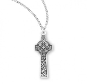 Sterling Silver Celtic Cross Pendant with  Shamrocks and Harp. Solid .925 sterling silver.  Cross Pendant comes on a 24" genuine rhodium plated curb chain.  Dimensions: 1.4" x 0.5" (35mm x 13mm). Weight of medal: 2.3 Grams. Comes in a velvet gift box. Made in the USA