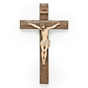 Beveled Wall Cross measures 8 inches in height. Made of resin and metal in a wood tone shade. 