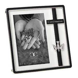 Confirmation Frame from the Caroline Collection.  This 7.25"H black and silver frame holds a 4" x 6" photo. There is a black cross with a silver dove that adorn the one side of the frame. The Confimation Frame is made of a zinc alloy-lead free. 