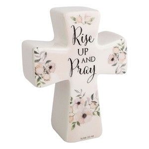 6"H Blessings Cross-Blessings Come from Above. Made of Porcelain. Pink Flowers on the cross. The words "Rise Up and Pray" are written on the porcelain cross