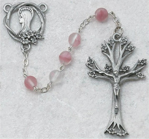 Rosary-Rose Glass Beads with Dogwood Crucifix and Head of the Blessed Mother Center