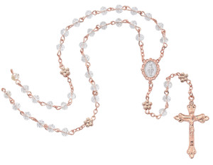 Rose Gold Holy Communion Rosary. This Rose Gold Holy Communion Rosary is made with real rose gold plated Miraculous Center and Crucifix and crystal beads. Rose Gold Rosary comes in a deluxe gift box! 