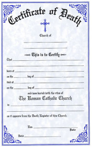 English-Two Color Death Certificates. Certificates are available in English and Bilingual (Eng/Spanish) Each certificate measures: 6" x 9 1/4".  Imprinted Certificates are sold in pads of 50 certificates.  All Certificates are Printed on Acid-Free Paper for Long Life.
