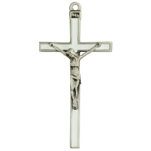 5" White enamel and silver crucifix. White enameled Cross has a silver oxidised corpus and INRI. Comes Bagged. Made in the USA.