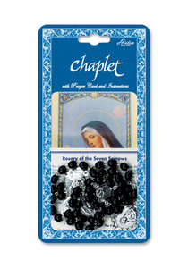 Seven Sorrows Deluxe Chaplet with Black Wood Beads.  Packaged with a Laminated Holy Card & Instruction Pamphlet. Overall 6.5” x 3.5”