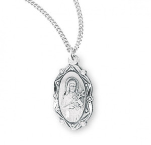 St Therese of Lisieux .925 Sterling Silver Oval Medal.  Dimensions:  0.7" x 0.4" (18mm x 11mm).   Weight of medal: 1.5 Grams. Medal comes on an 18" Genuine rhodium plated curb chain.  Made in USA. Deluxe velvet gift box included. Engraving available. 