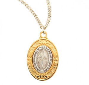 Oval double sided pendant.
Solid .925 sterling silver medal set inside a gold over .925 silver border.
Dimensions: 0.9" x 0.6" (24mm x 15mm)
Weight of medal: 3.6 Grams.
18" Genuine gold plated curb chain.
Made in USA.
Deluxe velvet gift box.