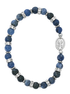 6mm blue lapis beads stretch bracelet.  The Miraculous Medal  is an oxidised silver. Bracelet comes in white box with clear cover.  Made in the USA!