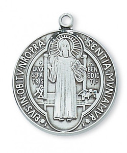 1" Antique Silver Saint Benedict Medal. St Benedict Medal comes on a 24" Rhodium Plated Chain. A Deluxe Gift Box is Included