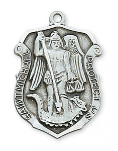 Antique Silver Plated Pewter St Michael Policeman's Badge Medal with 24" Rhodium Plated Chain.  Dimensions: 1 1/4" X 3/4". Deluxe Gift Box Included. 