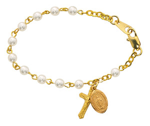 18KT gold over sterling silver 5 1/2" bracelet with 4MM glass pearl beads.  18KT gold over sterling silver crucifix and miraculous medal. Deluxe gift box is included. Made in the USA