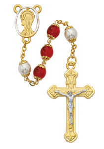 8MM Red and Pearl Beads Capped Rosary. Center and Crucifix are made of pewter. Gift box included. Made in the USA