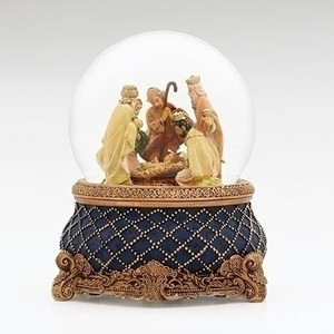 A nativity scene inside a snow globe with baby Jesus, Mary, Joseph, and the Three Wise Men.
