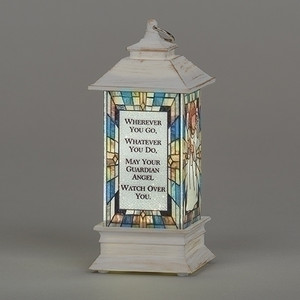 5"H Led Angel Lantern Ornament. Angel LED Ornament measures: 3.5"H 2.5"W 2"D. Battery included. Made of plastic. Measurements:  5"H x 2"W x 2"L.
Wording on lantern says:
"Wherever you go, whatever you do, may your guardian angel watch over you."