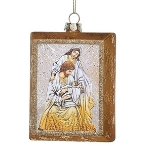 4.5"H Rectangular Holy Family Ornament. Ornament is made of glass and gold glitter. Dimensions: 4.5"H x 1.25"W x 3.5"L