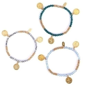 7"L St Benedict Stretch Bracelet. This Gold St Benedict Stretch Bracelet comes in a variety of colors. Please Choose from Light Blue, White, Lavender, Green, Silver, or Pink