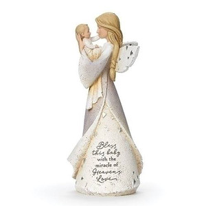 8.5" Baby Blessing Angel. Writing on the angel's dress says: " Bless this baby with the miracle of Heaven's Love." Angel is made of a resin/stone mix.