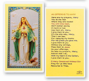 IHM-An Offering to Mary, Laminated Holy Card.  Clear, laminated Italian holy card with Gold Accents. Features World Famous Fratelli-Bonella Artwork. 2.5'' x 4.5''.