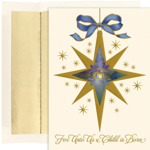 Nativity Star Holiday Collection Boxed Holiday Cards
"Nativity Star" boxed Christmas cards feature gold foil, embossed. Inside Sentiment: "His Birth...A Miracle His Love...Our Gift His Day...Time To Rejoice Let Us Rejoice In All He Has Given Us And Love Each Other As He Love Us. Merry Christmas"
16 cards/16 foil lined envelopes. Folded Card Size 5.625 x 7.875. Packaged in a printed box with an inside fit acetate lid.