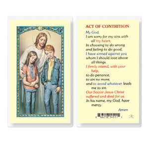 Jesus and the older children on Front of Card. Laminated Holy Card with the Act of Contrition on Back of Card