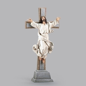 15"H Risen Christ Crucifix. Material is a resin/stone mix. 