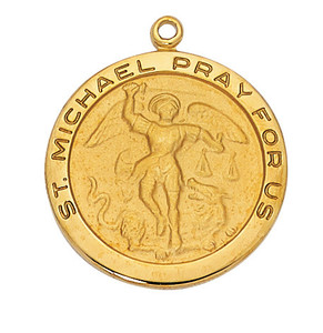 1 - 2/16" Gold over Sterling Silver Saint Michael Round Medal. St Michael Round Medal comes on a 24" Gold Plated Chain. A Deluxe Gift Box Included. Made in the USA