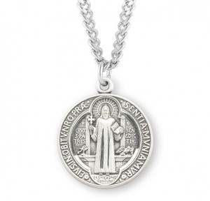 Sterling Silver Double Sided St. Benedict Medal.  The St. Benedict Medal comes with a genuine rhodium plated 24" chain in a deluxe velour giftbox.  Dimensions: 1.0" x 0.9" (26mm x 22mm).  Weight of medal: 6.3 Grams.  Sterling Silver St. Benedict Medal comes in a deluxe velvet gift box. Made in the USA