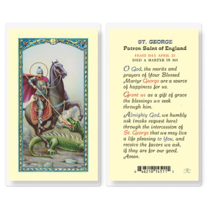 Saint George laminated Holy Card.
Artwork by Fratelli Bonella.
Saint George Patron Saint of England prayer on the back.
Card size: 2.5" x 4.5" (64mm x 114mm) 2-1/2" x 4-1/2".
Made in Italy