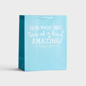 This large gift bag wraps your gift with love and inspiration and can be used to wrap gifts for recipients of any age- baby, toddler, older children, and yes, even adults!  A fabulous way of giving an additional blessing!
Message:
God made you one-of-a-kind amazing!
Scripture:
I praise You because I am...wonderfully made.  Psalm 139:14 NIV
Product Specifications:
Size:  12 15/16" x 10 7/16" x 5 3/4"
Value large bag
New International Version Scripture text
Sturdy rope handle
Coated paper

 