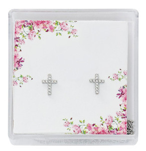 Tiny Crystal Cross Earrings. Dimensions: .335 X .238 X .067". Present in a clear box. 