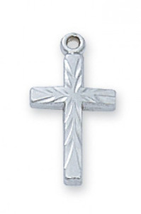 1/2" Rhodium Plated Cross. Cross comes on a 16" Chain.  Deluxe Gift Box Included