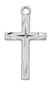 Sterling Silver Cross with Brite Cuts comes on an 18" rhodium chain. Cross is boxed