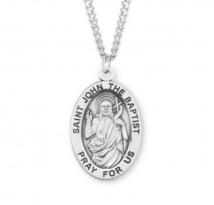 Sterling silver oval St. John the Baptist medal comes on a 24" genuine rhodium plated curb chain. Dimensions: 01.1" x 0.7" (27mm x 17mm). Weight of medal: 2.8 Grams. Medal comes in a deluxe velour gift box. Engraving option available. Made in the USA
