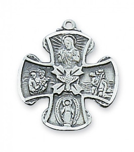 Sterling Silver Holy Spirit 3/4" 4-Way Medal. 18" Rhodium Plated Chain. Deluxe Gift Box Included