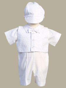 Theo, Boys embroidered cotton vest and poly cotton romper set