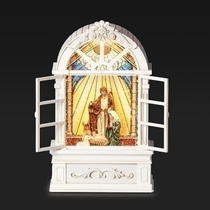 8.75" Lighted Holy Family Swirl Church with Stain Glass